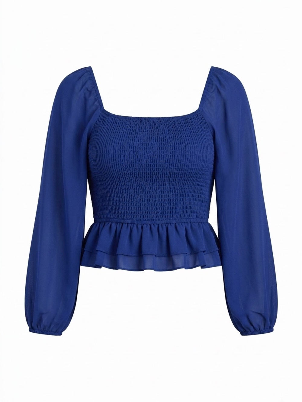 French Kiss Trendy Royal Blue Smocked Peplum Blouse – Size M
